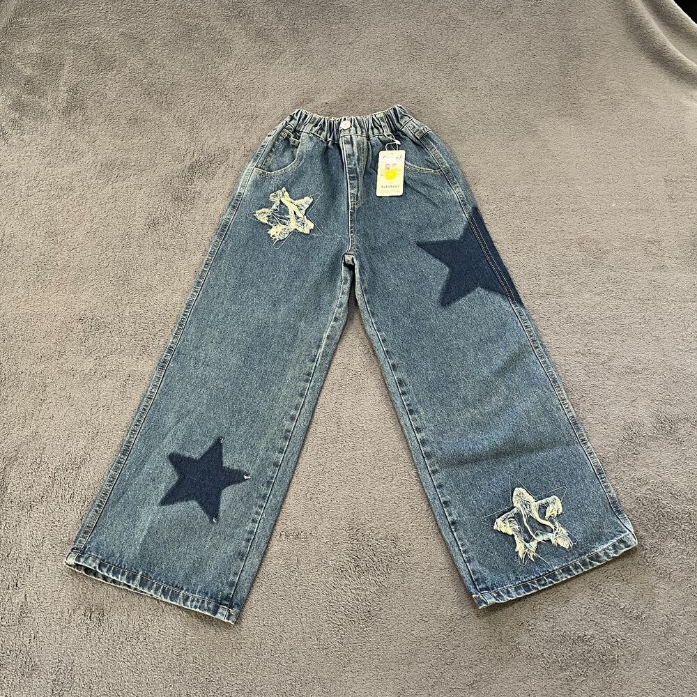YaYabroe Distressed Star Patch Medium Wash Blue Denim Wide Leg Jeans Kids Sz 12